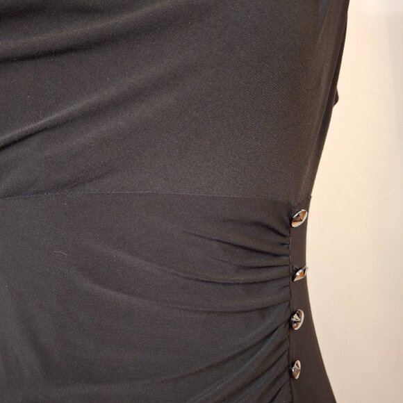 Slimming Black Cocktail Dress 14P Button Detail Deep Cowl Neck Drape MatteJersey - Picture 6 of 14